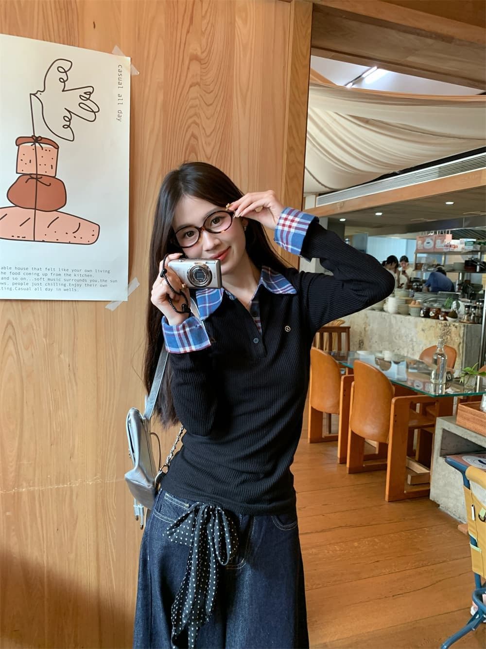 원본 원단 작은 대중 페이크 레이어드 배색 POLO 칼라 긴팔 티셔츠 여성 이른 가을 몸매 가꾸기 슬림해 보이는 맨위 상세 이미지 13