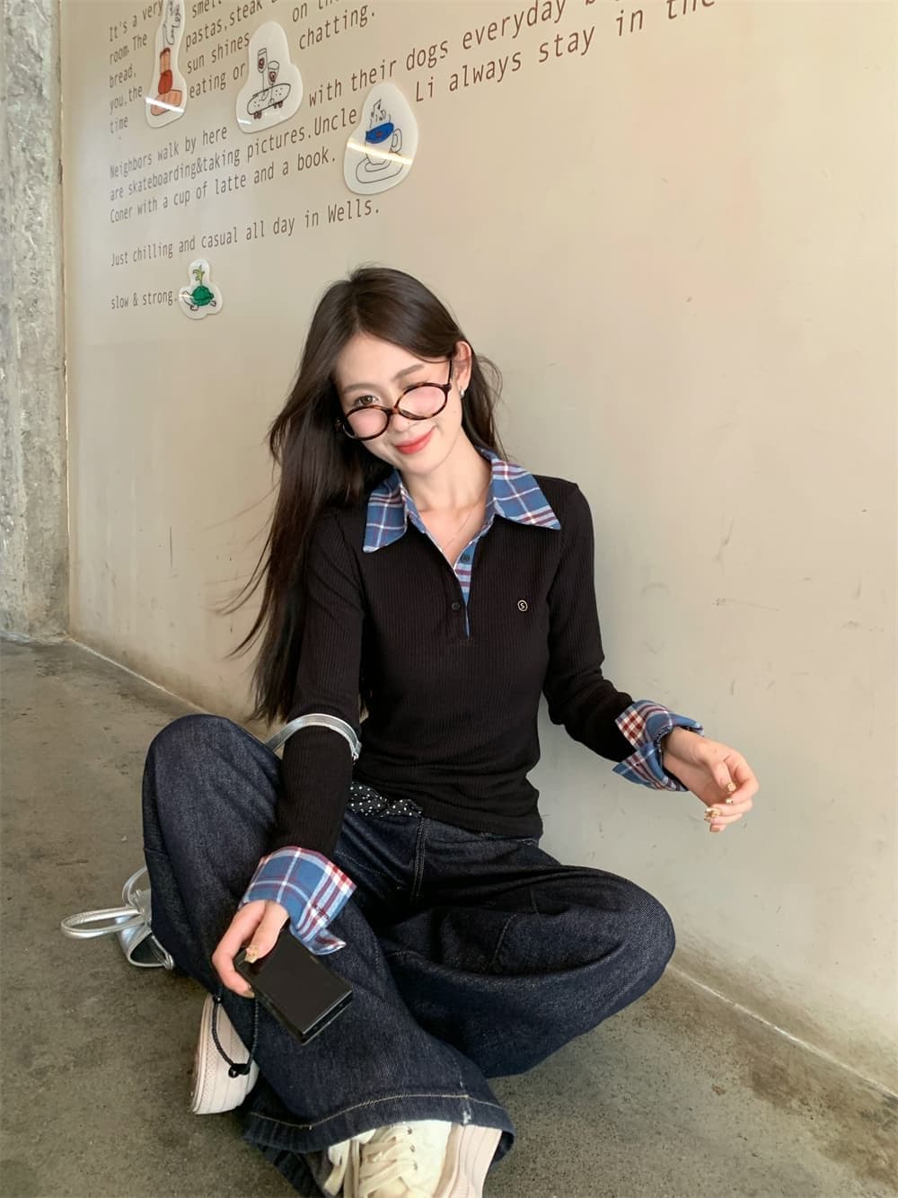원본 원단 작은 대중 페이크 레이어드 배색 POLO 칼라 긴팔 티셔츠 여성 이른 가을 몸매 가꾸기 슬림해 보이는 맨위 상세 이미지 17