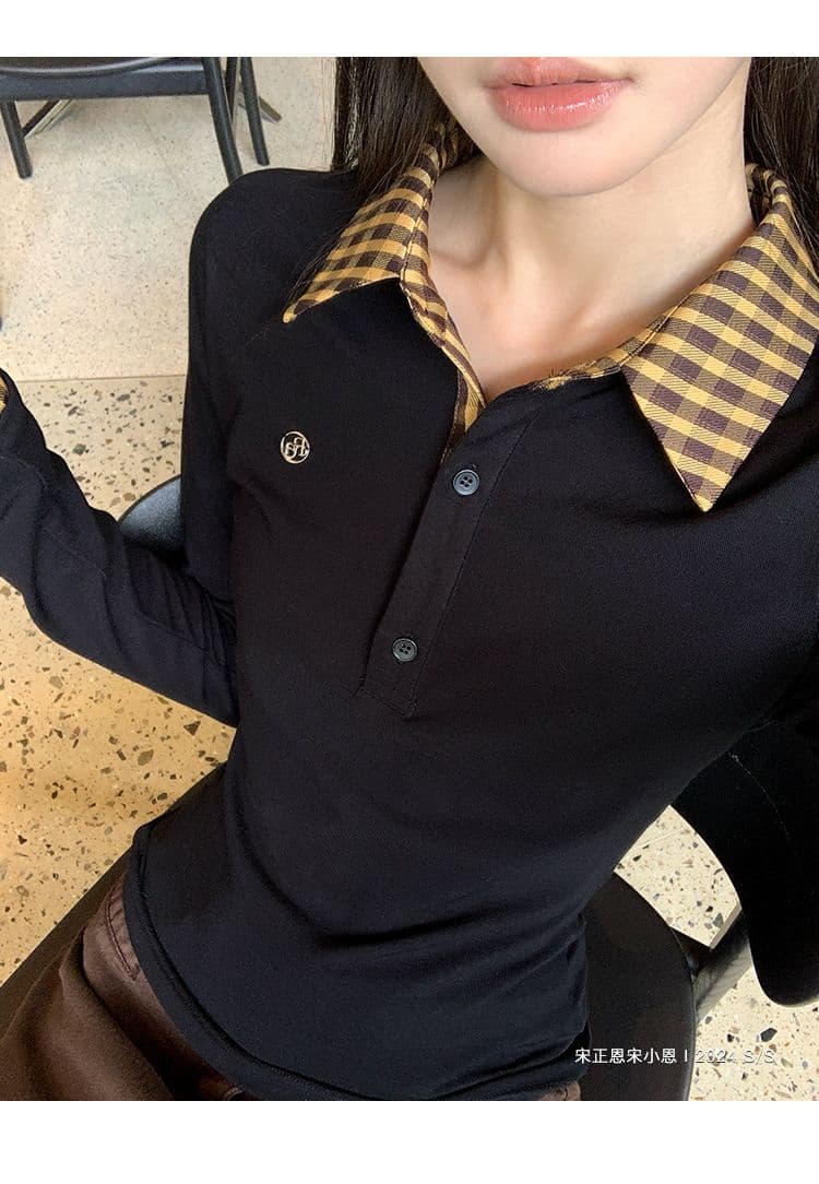 원본 원단 작은 대중 페이크 레이어드 배색 POLO 칼라 긴팔 티셔츠 여성 이른 가을 몸매 가꾸기 슬림해 보이는 맨위 상세 이미지 20