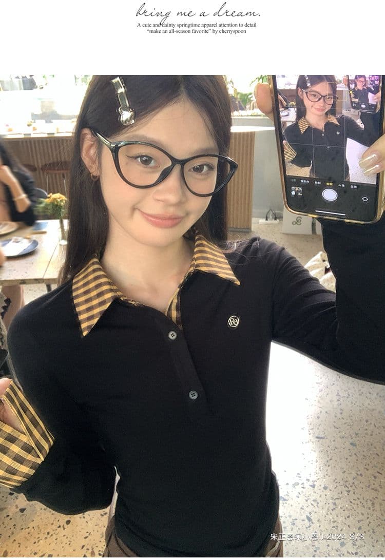 원본 원단 작은 대중 페이크 레이어드 배색 POLO 칼라 긴팔 티셔츠 여성 이른 가을 몸매 가꾸기 슬림해 보이는 맨위 상세 이미지 21