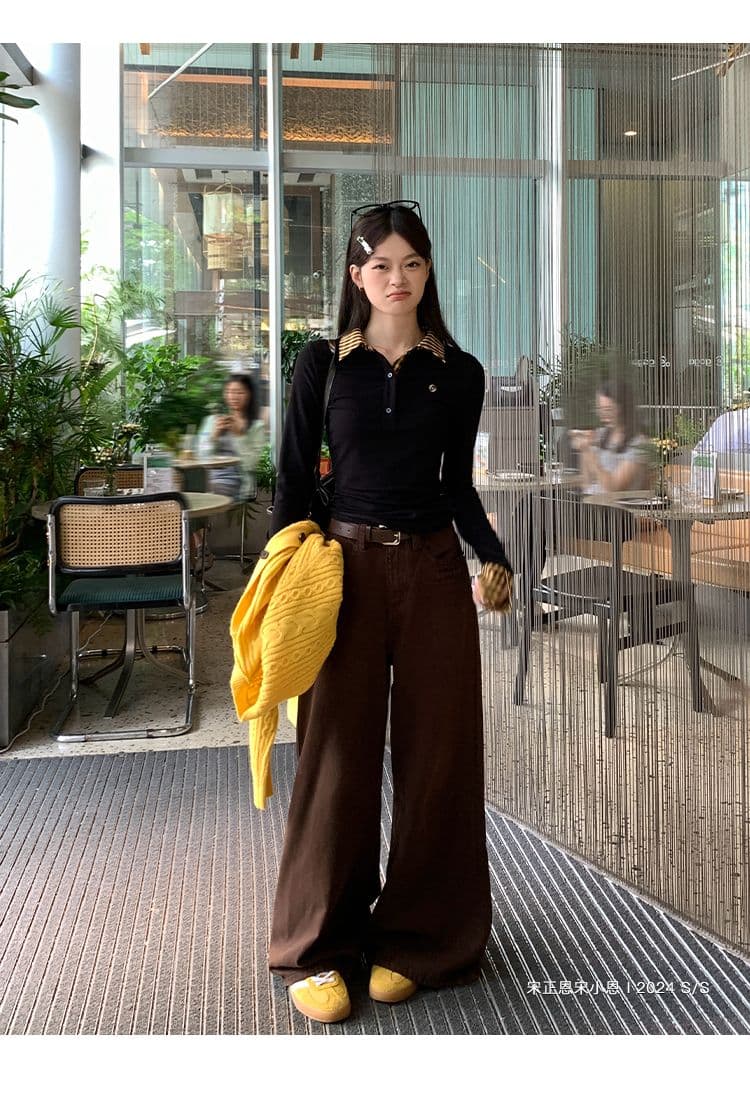 원본 원단 작은 대중 페이크 레이어드 배색 POLO 칼라 긴팔 티셔츠 여성 이른 가을 몸매 가꾸기 슬림해 보이는 맨위 상세 이미지 23