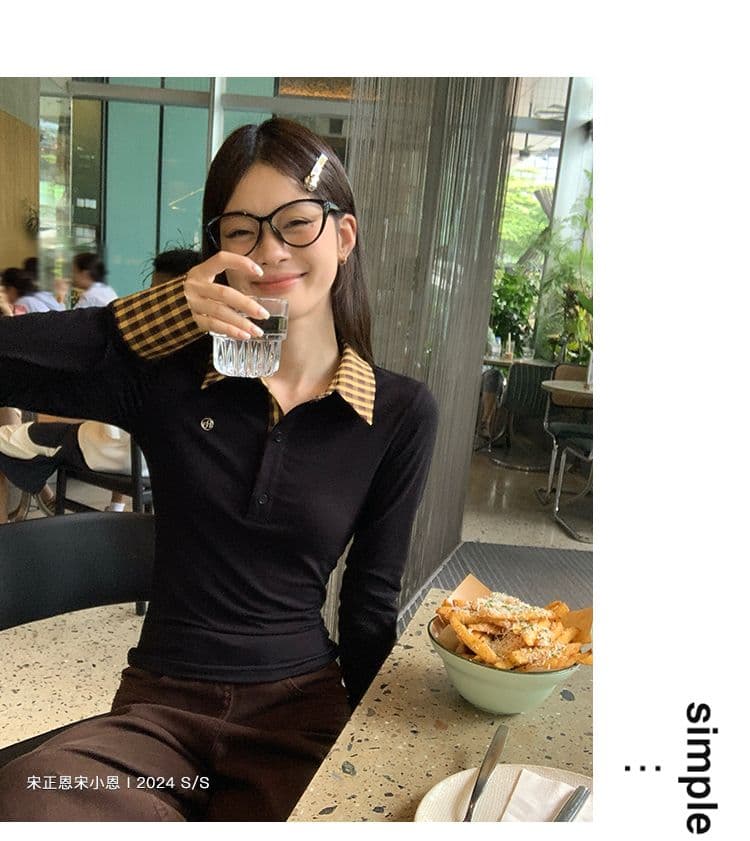 원본 원단 작은 대중 페이크 레이어드 배색 POLO 칼라 긴팔 티셔츠 여성 이른 가을 몸매 가꾸기 슬림해 보이는 맨위 상세 이미지 24