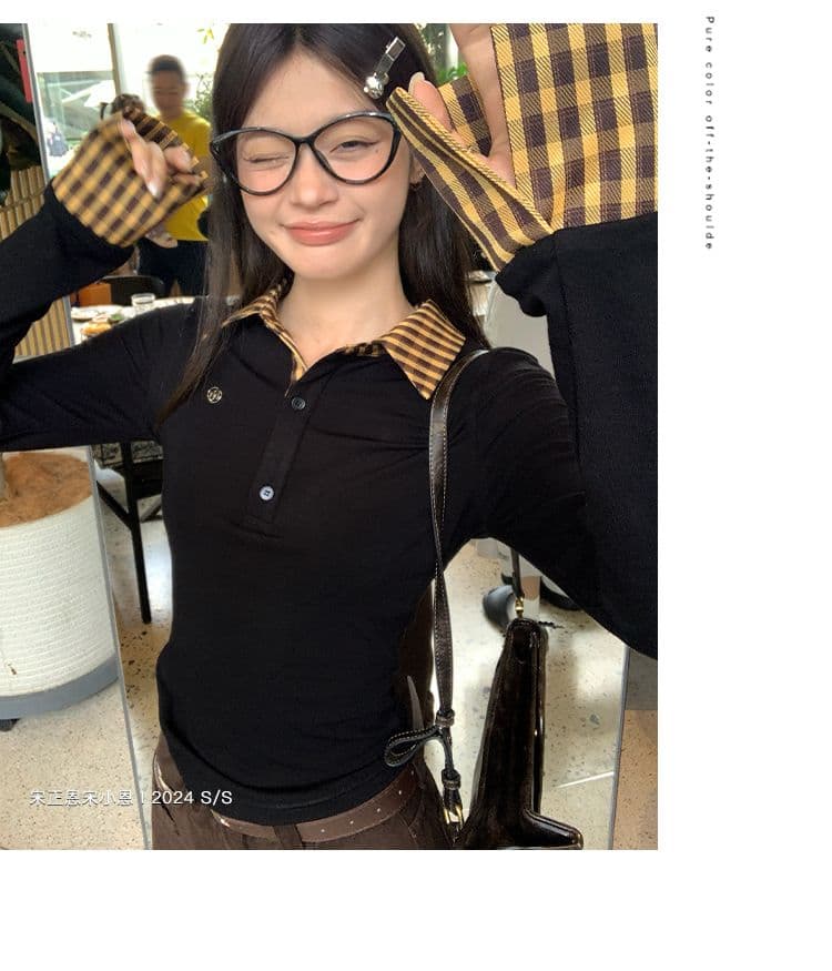 원본 원단 작은 대중 페이크 레이어드 배색 POLO 칼라 긴팔 티셔츠 여성 이른 가을 몸매 가꾸기 슬림해 보이는 맨위 상세 이미지 25