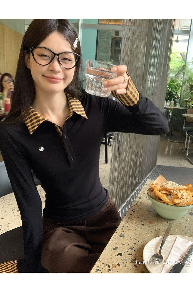 원본 원단 작은 대중 페이크 레이어드 배색 POLO 칼라 긴팔 티셔츠 여성 이른 가을 몸매 가꾸기 슬림해 보이는 맨위 상세 이미지 29