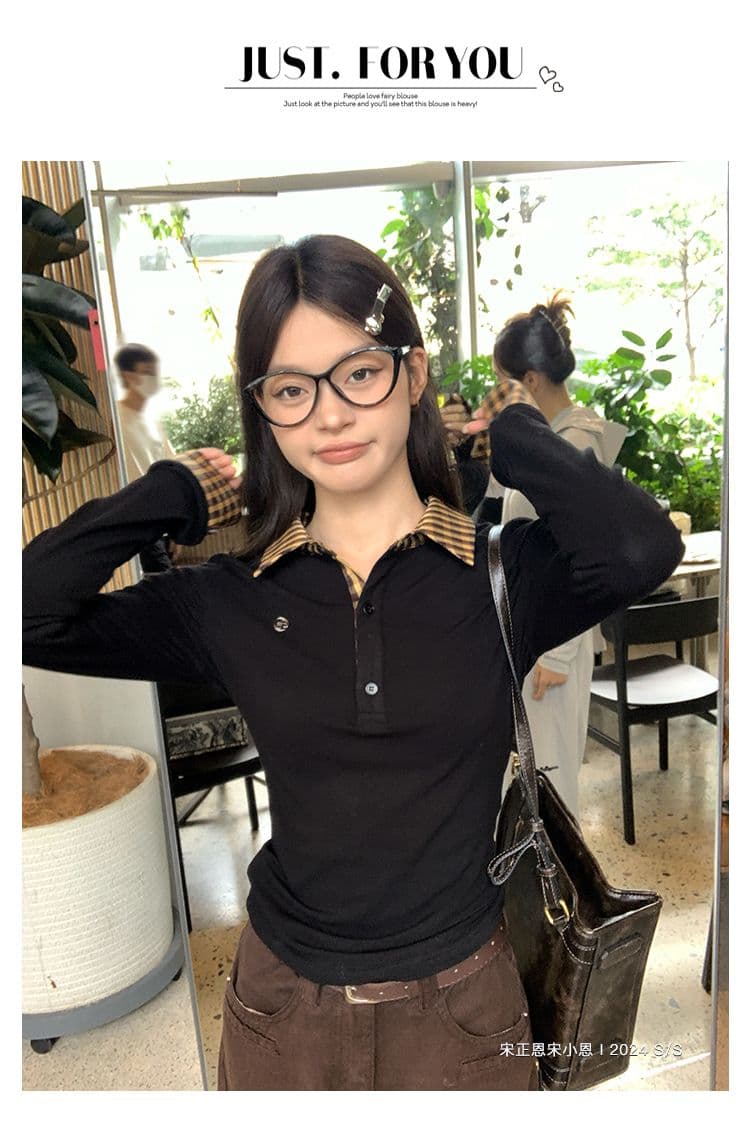 원본 원단 작은 대중 페이크 레이어드 배색 POLO 칼라 긴팔 티셔츠 여성 이른 가을 몸매 가꾸기 슬림해 보이는 맨위 상세 이미지 30