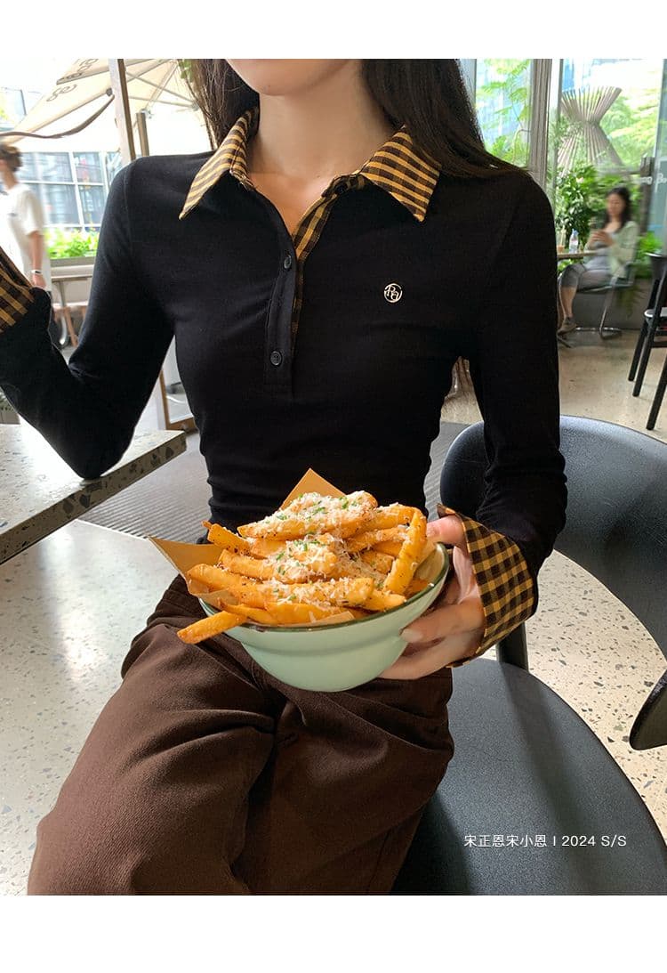 원본 원단 작은 대중 페이크 레이어드 배색 POLO 칼라 긴팔 티셔츠 여성 이른 가을 몸매 가꾸기 슬림해 보이는 맨위 상세 이미지 32