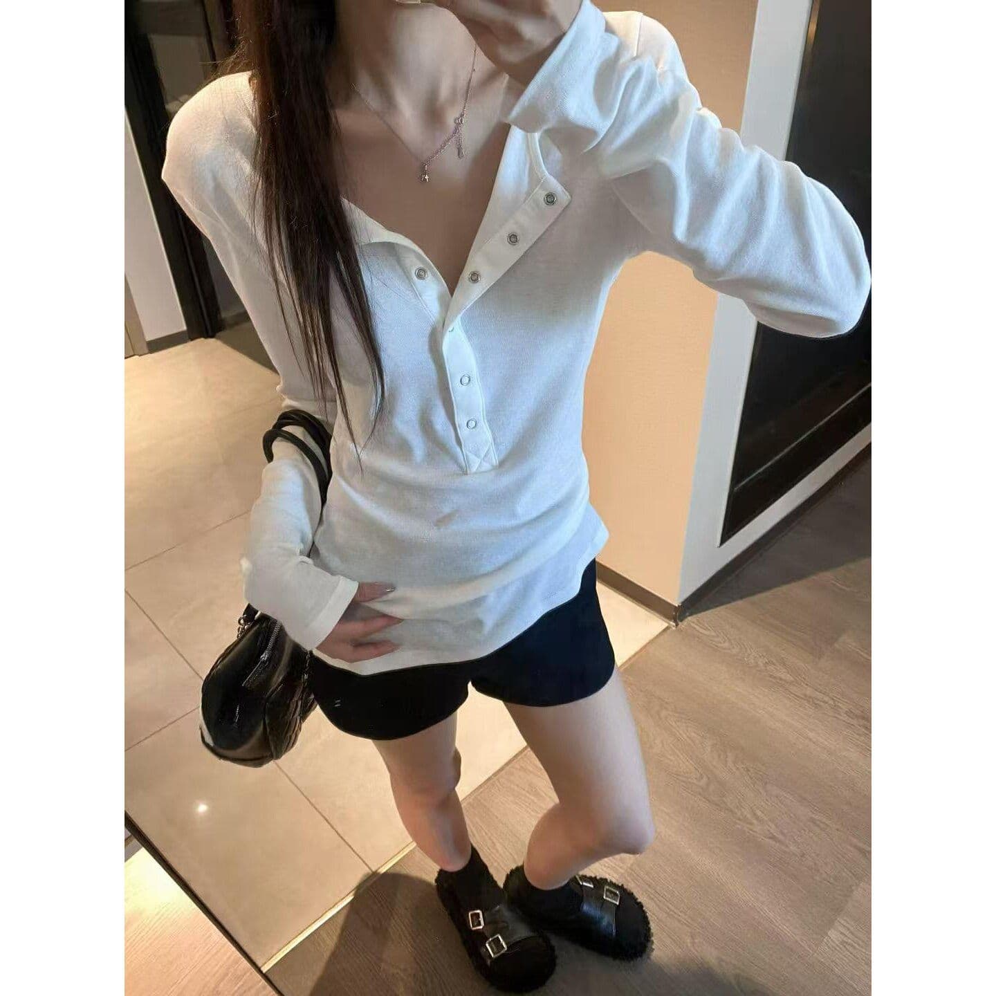 260 그램 양모 40 접착제 27 면 27 아크릴 6 암모니아 Lun 아메리칸 반 개방 칼라 긴팔 티셔츠 여성 이른 가을 맨위 이미지 5