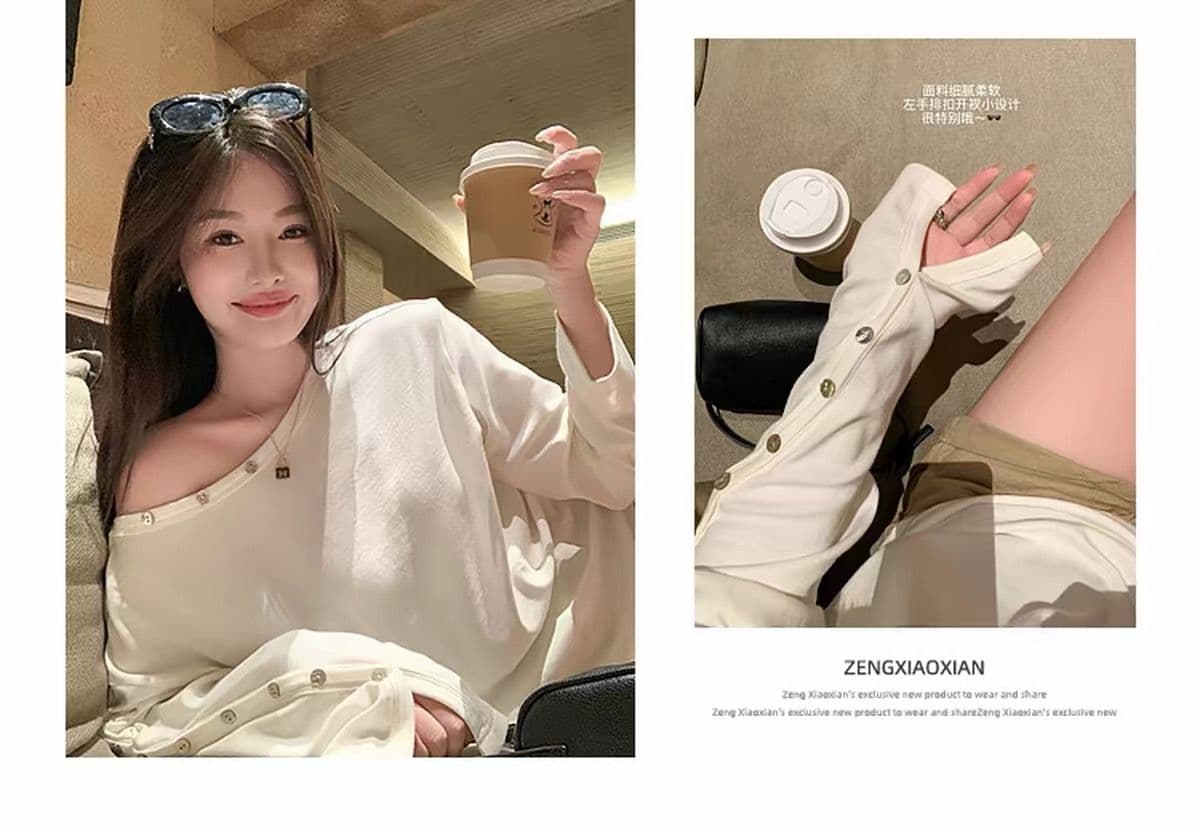 260 그램 양모 40 접착제 27 면 27 아크릴 6 암모니아 Lun 단추 비스듬한 어깨 긴팔 티셔츠 여성 가을 오프숄더 맨위 상세 이미지 2