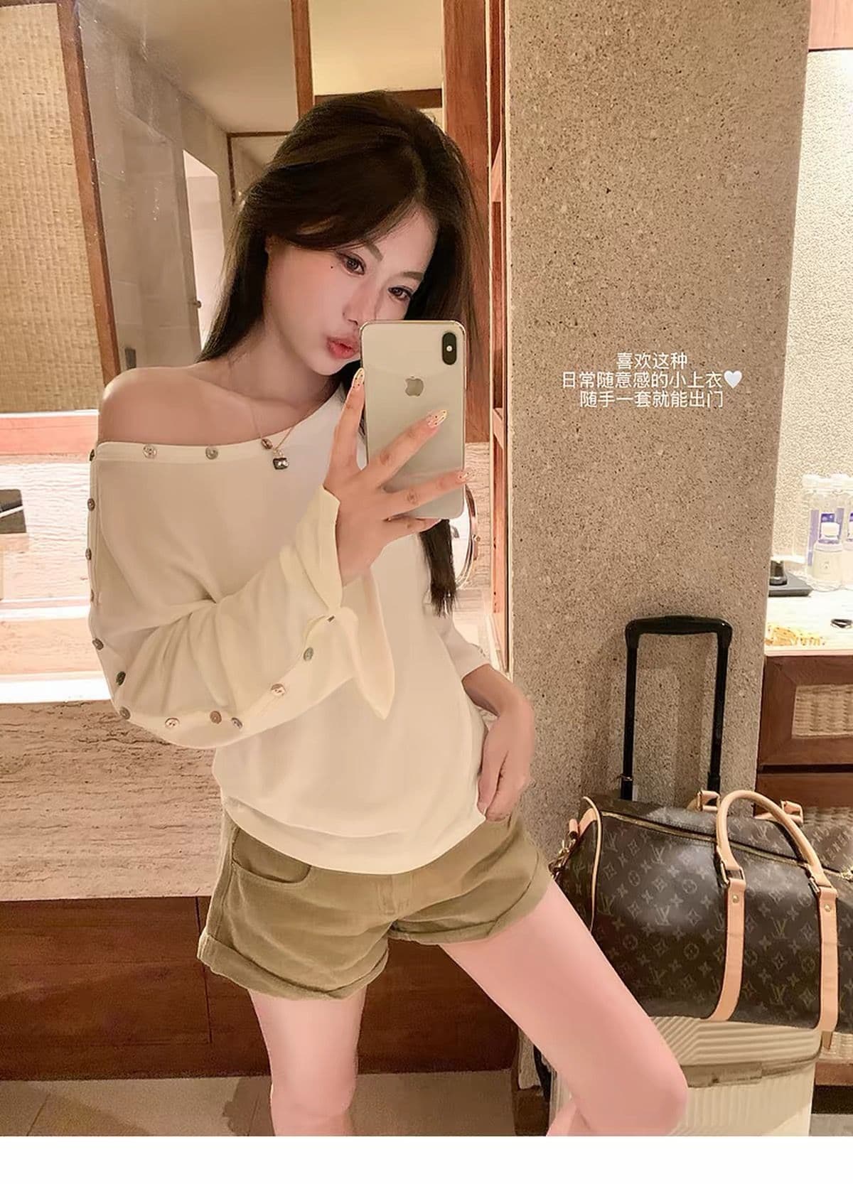 260 그램 양모 40 접착제 27 면 27 아크릴 6 암모니아 Lun 단추 비스듬한 어깨 긴팔 티셔츠 여성 가을 오프숄더 맨위 상세 이미지 8
