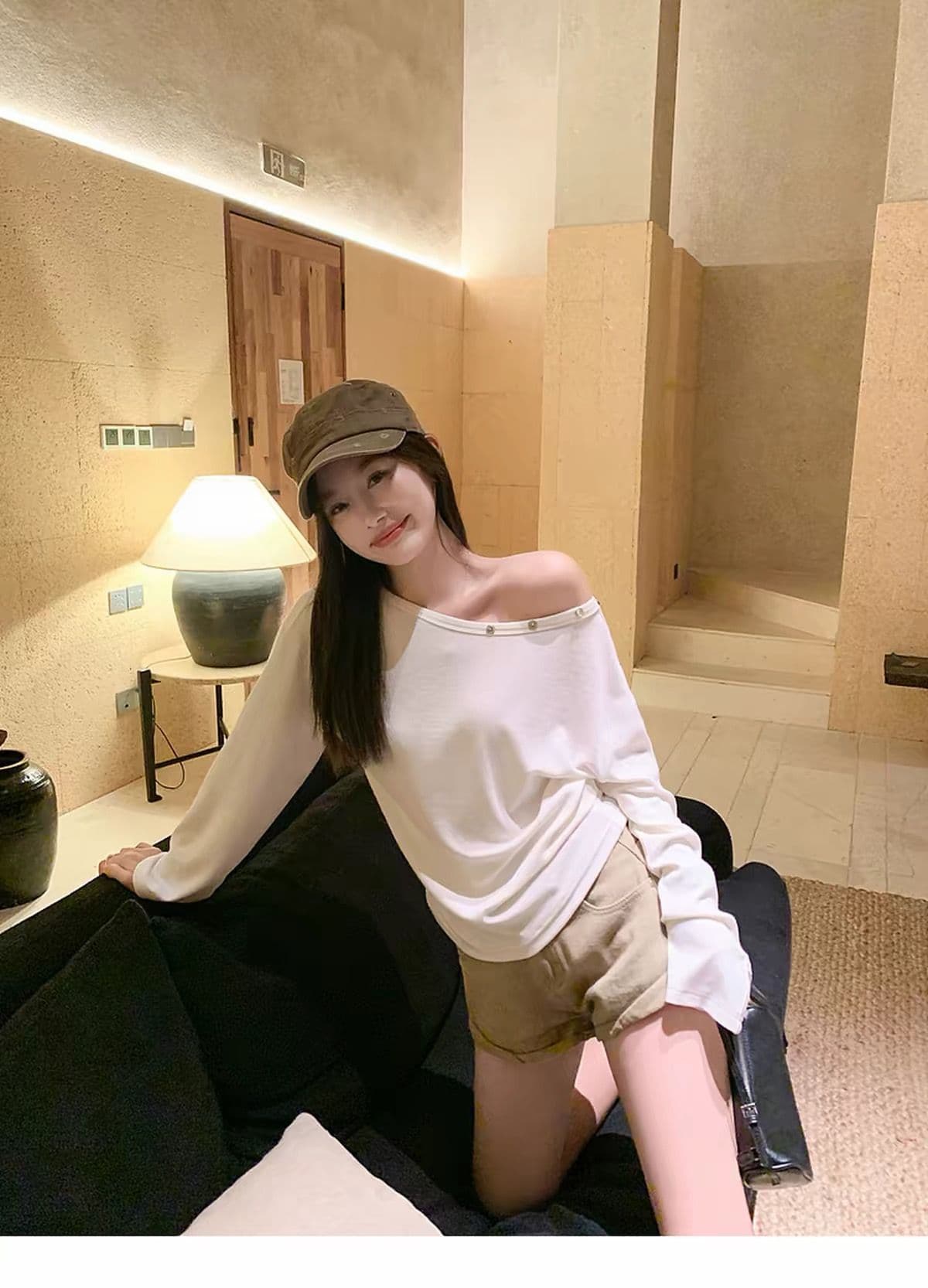 260 그램 양모 40 접착제 27 면 27 아크릴 6 암모니아 Lun 단추 비스듬한 어깨 긴팔 티셔츠 여성 가을 오프숄더 맨위 상세 이미지 19