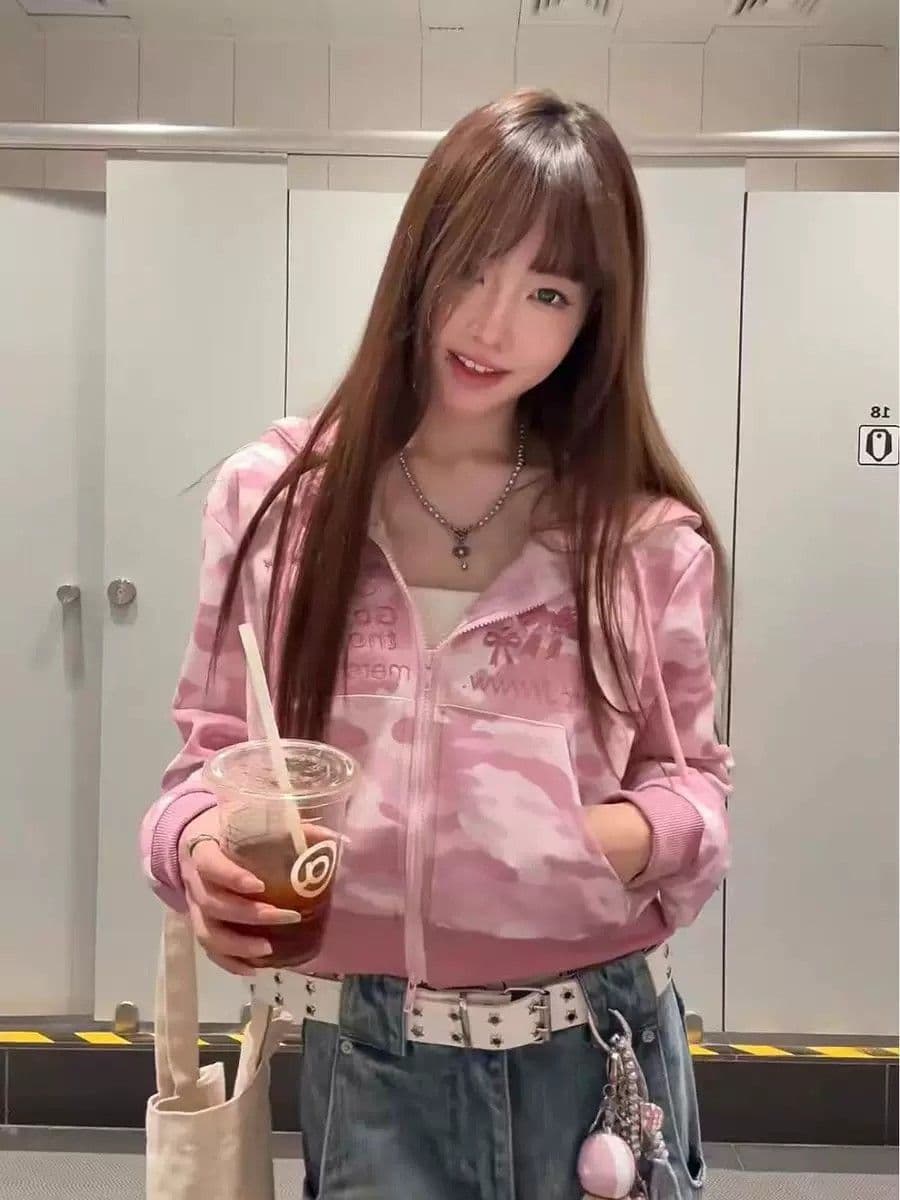 350 그램 후아 면 복잡한 우유 높은 품질 달콤한 차가운 바람 카모플라주 후드 재킷 지퍼 오픈 가디건 상세 이미지 5
