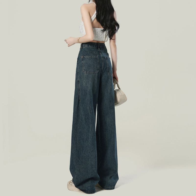 디자인 센스 레트로 블루 넓은 다리 청바지 여성 트렌드 새로운 하이웨이스트 루즈핏 좁은 에디션 도루 센스 스트레이트 모통이 칼 바지 이미지 5
