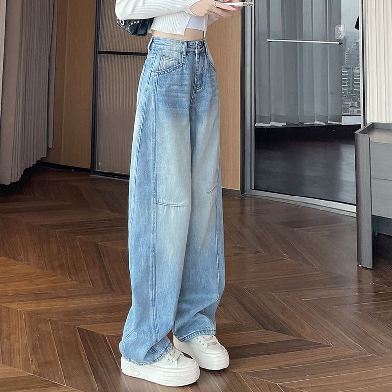 아메리칸 레트로 워싱 하이웨이스트 모통이 칼 청바지 여성 봄 여름 새로운 디자인 센스 루즈핏 슬림해 보이는 넓은 다리 바닥 청소 바지 이미지 4