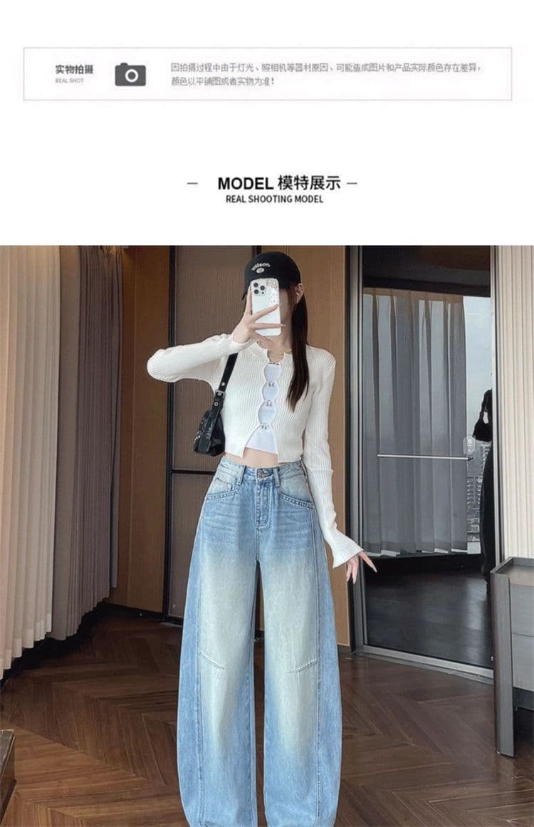 아메리칸 레트로 워싱 하이웨이스트 모통이 칼 청바지 여성 봄 여름 새로운 디자인 센스 루즈핏 슬림해 보이는 넓은 다리 바닥 청소 바지 상세 이미지 15