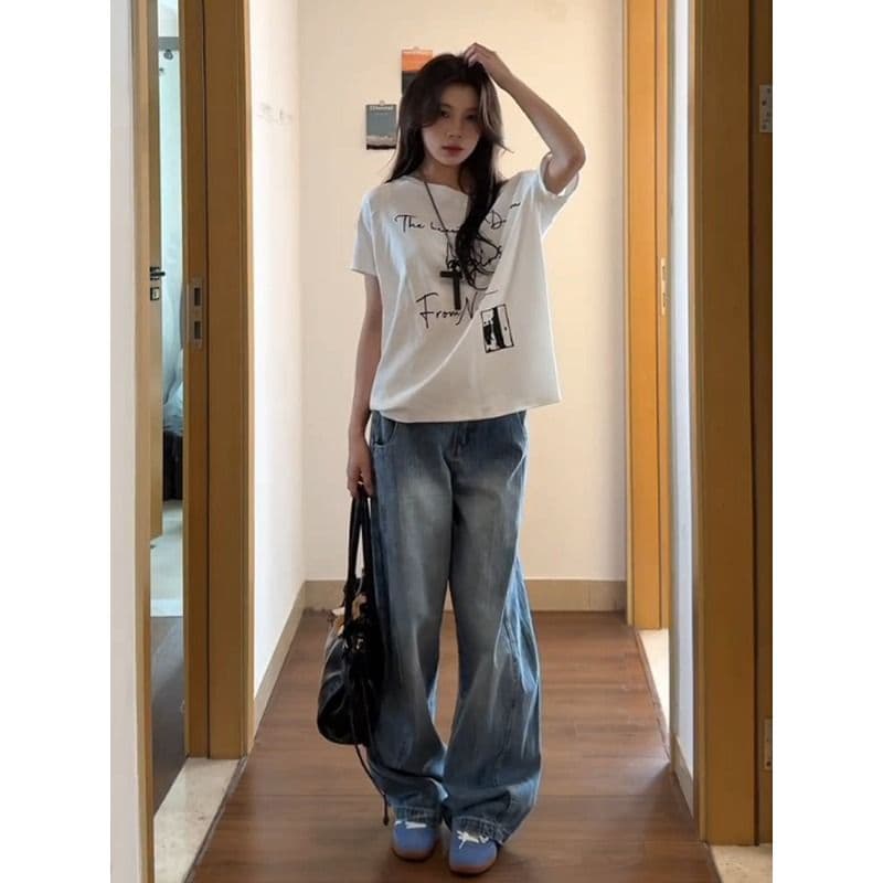 아메리칸 레트로 워싱 하이웨이스트 모통이 칼 청바지 여성 봄 여름 새로운 디자인 센스 루즈핏 슬림해 보이는 넓은 다리 바닥 청소 바지 이미지 5