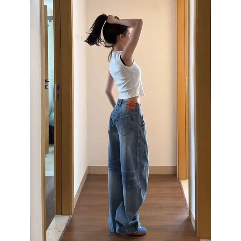 아메리칸 레트로 워싱 하이웨이스트 모통이 칼 청바지 여성 봄 여름 새로운 디자인 센스 루즈핏 슬림해 보이는 넓은 다리 바닥 청소 바지 이미지 4