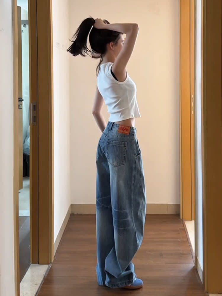 아메리칸 레트로 워싱 하이웨이스트 모통이 칼 청바지 여성 봄 여름 새로운 디자인 센스 루즈핏 슬림해 보이는 넓은 다리 바닥 청소 바지 상세 이미지 3