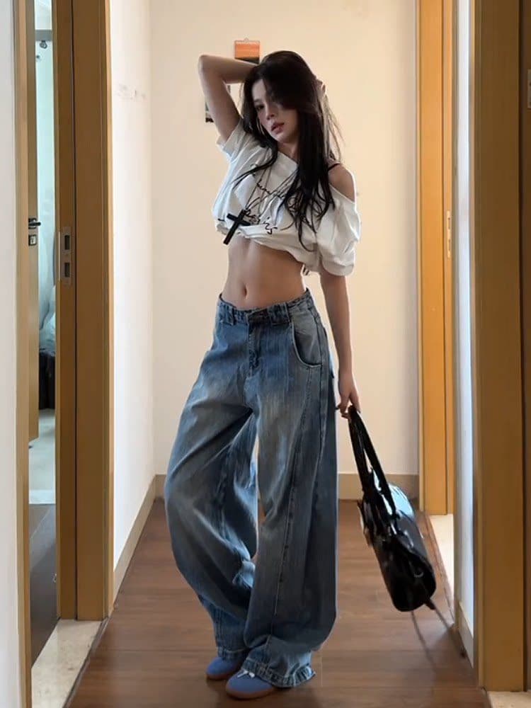 아메리칸 레트로 워싱 하이웨이스트 모통이 칼 청바지 여성 봄 여름 새로운 디자인 센스 루즈핏 슬림해 보이는 넓은 다리 바닥 청소 바지 상세 이미지 5