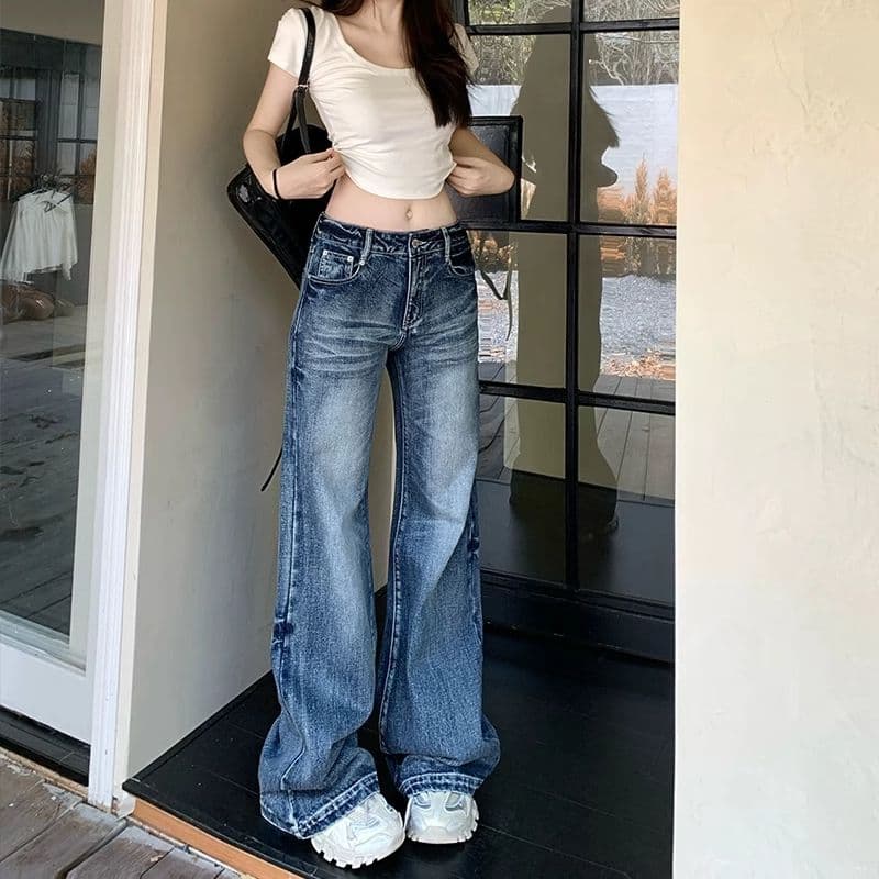 레트로 넓은 다리 청바지 여성 2026 새로운 아메리칸 높음 거리 로우 웨이스트 루즈핏 스트레이트 넓은 다리 바닥 청소 나팔 바지 이미지 5