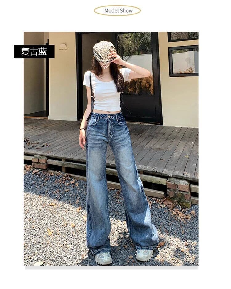 레트로 넓은 다리 청바지 여성 2026 새로운 아메리칸 높음 거리 로우 웨이스트 루즈핏 스트레이트 넓은 다리 바닥 청소 나팔 바지 상세 이미지 9