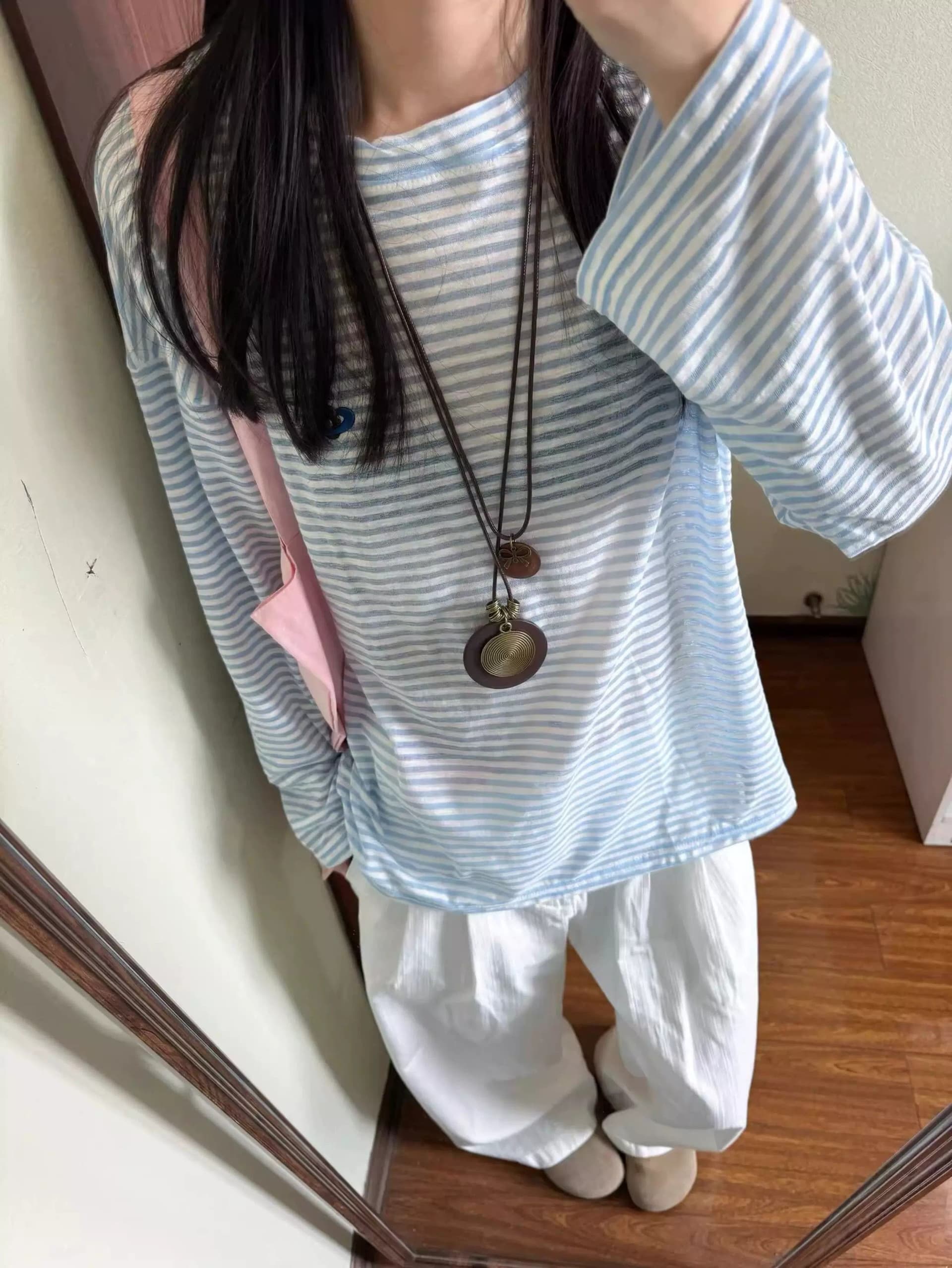 원본 품질 스트라이프 긴팔 자외선 차단 티셔츠 느긋한 얇은 스타일 한 부서 블라우스 상세 이미지 4