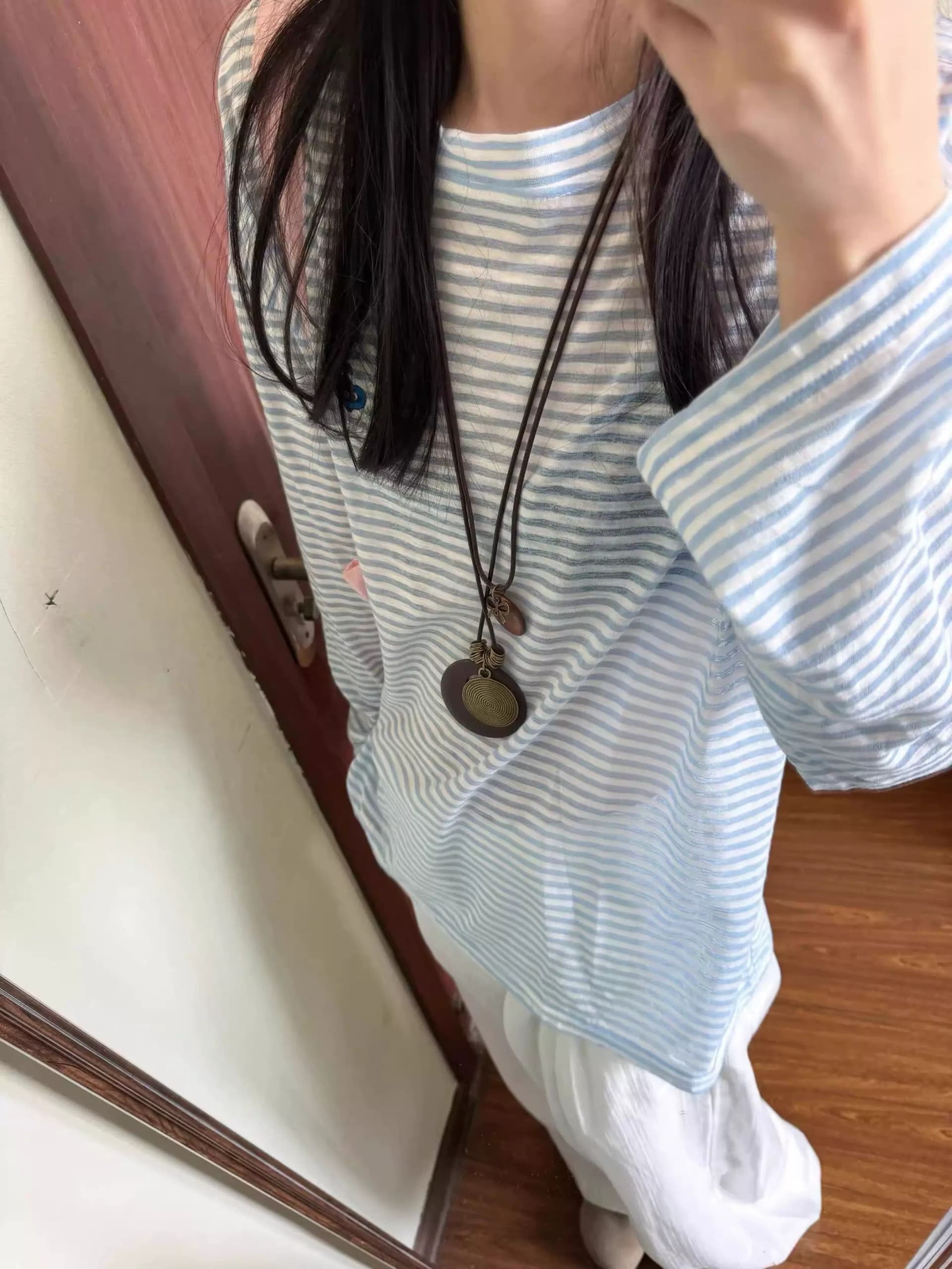 원본 품질 스트라이프 긴팔 자외선 차단 티셔츠 느긋한 얇은 스타일 한 부서 블라우스 상세 이미지 7