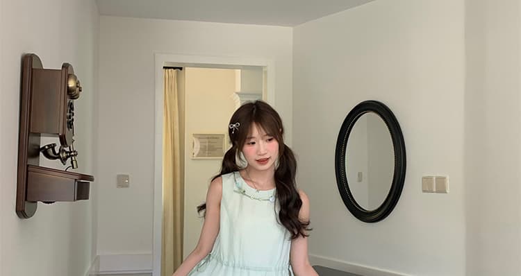 박하 녹색 점프 슈트 치마 여성 의류 여름 2026 새로운 해변가 휴가 허리 수축 슬림해 보이는 꽃밭 롱 스커트 상세 이미지 46