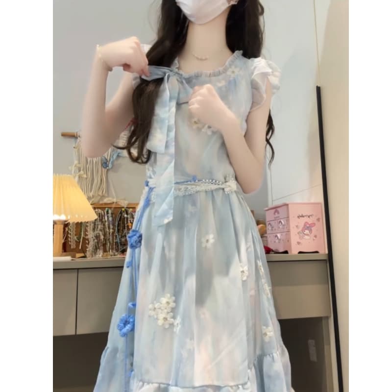새로운 프랑스식 품격 Feifei 소매 블루 색 후광 염색 꽃무늬 나비 매듭 해변가 휴가 드레스 ~없이 허리 사슬 이미지 4