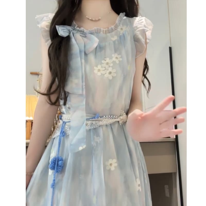 새로운 프랑스식 품격 Feifei 소매 블루 색 후광 염색 꽃무늬 나비 매듭 해변가 휴가 드레스 ~없이 허리 사슬 상세 이미지 8
