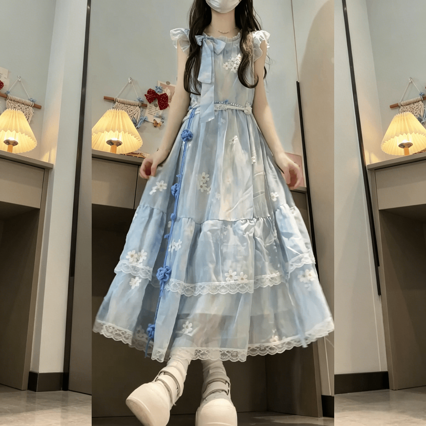 새로운 프랑스식 품격 Feifei 소매 블루 색 후광 염색 꽃무늬 나비 매듭 해변가 휴가 드레스 보내기 허리 사슬 이미지 4