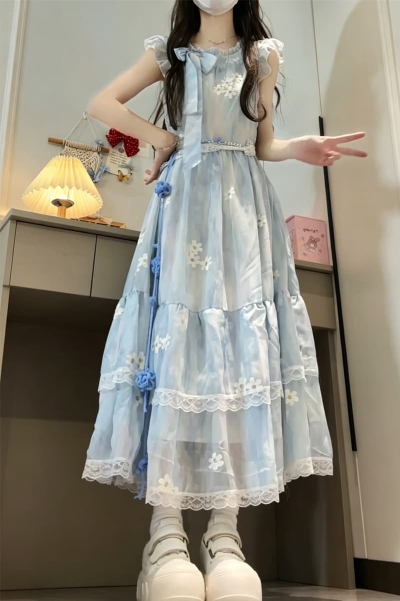 새로운 프랑스식 품격 Feifei 소매 블루 색 후광 염색 꽃무늬 나비 매듭 해변가 휴가 드레스 보내기 허리 사슬 이미지 7