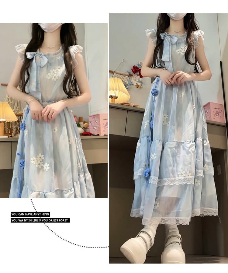 새로운 프랑스식 품격 Feifei 소매 블루 색 후광 염색 꽃무늬 나비 매듭 해변가 휴가 드레스 보내기 허리 사슬 상세 이미지 3