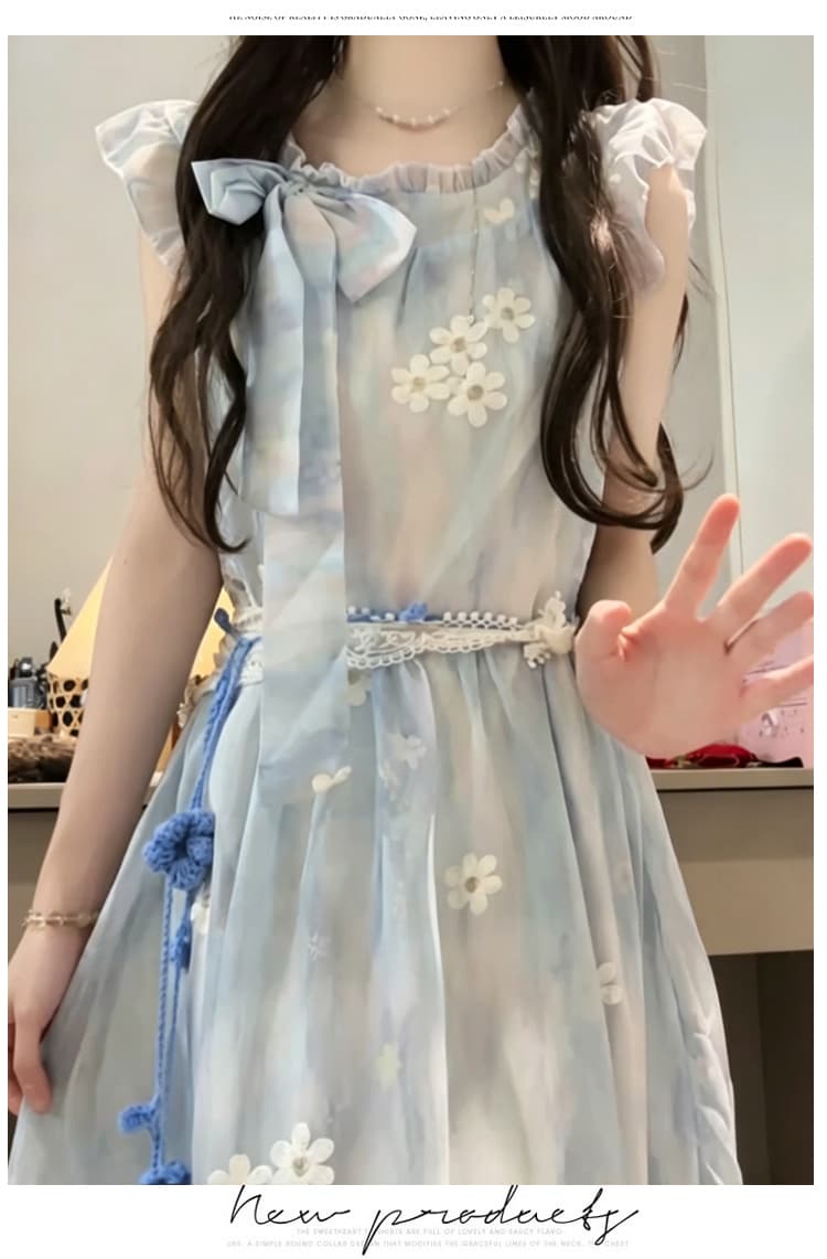 새로운 프랑스식 품격 Feifei 소매 블루 색 후광 염색 꽃무늬 나비 매듭 해변가 휴가 드레스 보내기 허리 사슬 상세 이미지 11