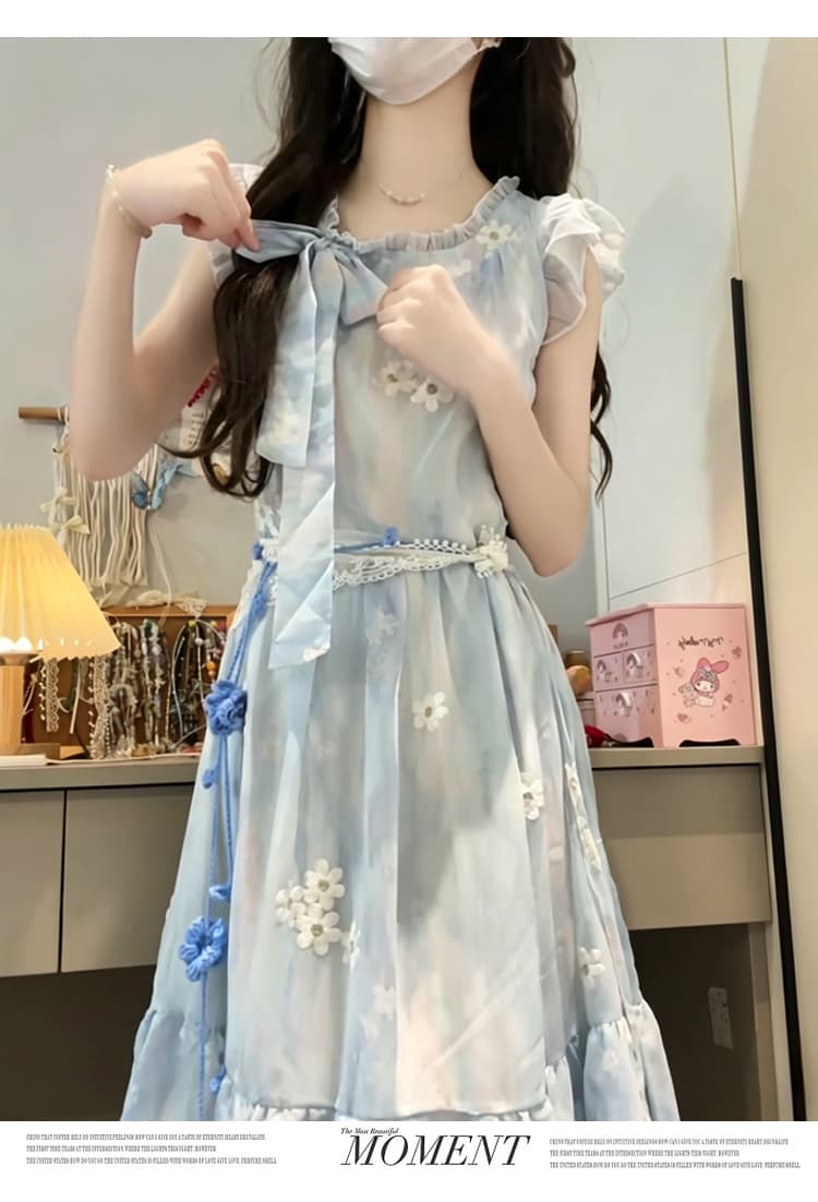 새로운 프랑스식 품격 Feifei 소매 블루 색 후광 염색 꽃무늬 나비 매듭 해변가 휴가 드레스 보내기 허리 사슬 상세 이미지 12