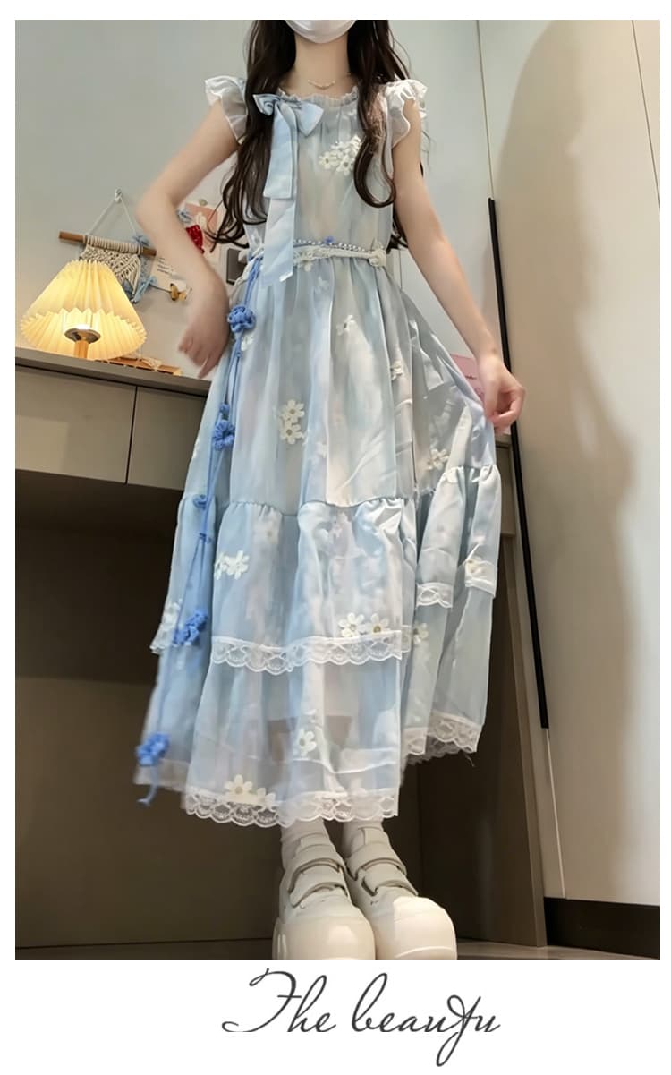 새로운 프랑스식 품격 Feifei 소매 블루 색 후광 염색 꽃무늬 나비 매듭 해변가 휴가 드레스 보내기 허리 사슬 상세 이미지 13