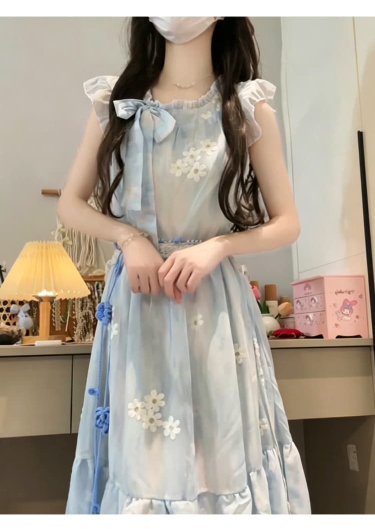 새로운 프랑스식 품격 Feifei 소매 블루 색 후광 염색 꽃무늬 나비 매듭 해변가 휴가 드레스 보내기 허리 사슬 상세 이미지 14