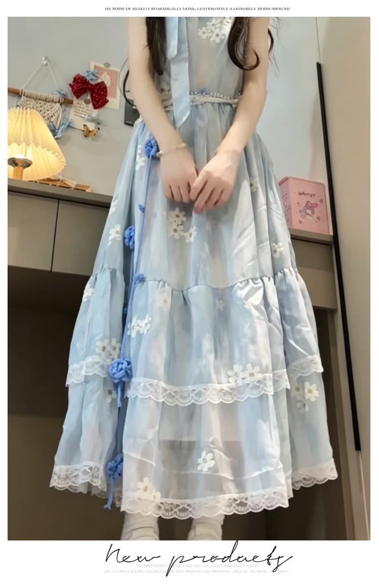새로운 프랑스식 품격 Feifei 소매 블루 색 후광 염색 꽃무늬 나비 매듭 해변가 휴가 드레스 보내기 허리 사슬 상세 이미지 15