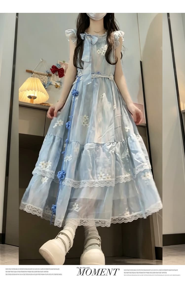 새로운 프랑스식 품격 Feifei 소매 블루 색 후광 염색 꽃무늬 나비 매듭 해변가 휴가 드레스 보내기 허리 사슬 상세 이미지 16