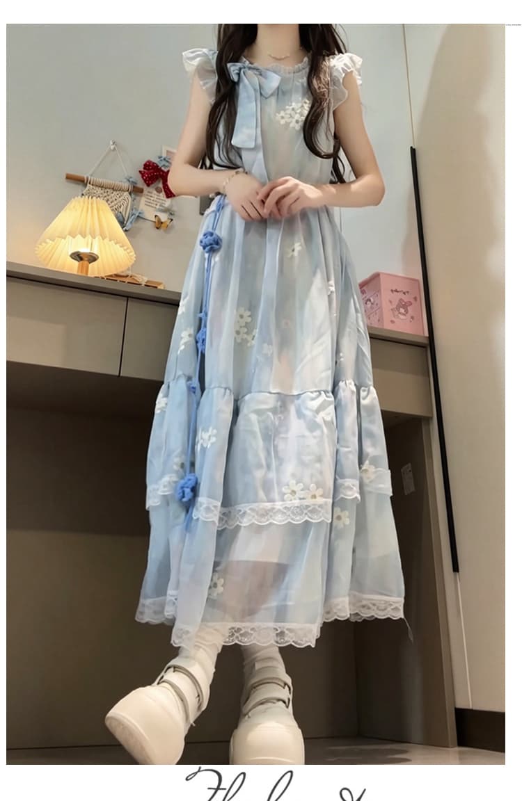 새로운 프랑스식 품격 Feifei 소매 블루 색 후광 염색 꽃무늬 나비 매듭 해변가 휴가 드레스 보내기 허리 사슬 상세 이미지 17