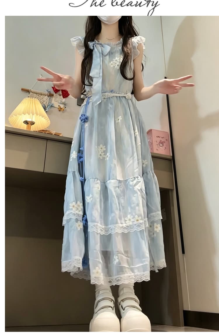 새로운 프랑스식 품격 Feifei 소매 블루 색 후광 염색 꽃무늬 나비 매듭 해변가 휴가 드레스 보내기 허리 사슬 상세 이미지 18