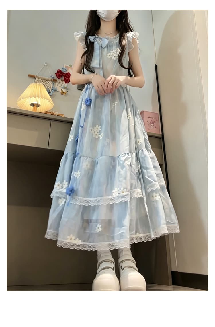 새로운 프랑스식 품격 Feifei 소매 블루 색 후광 염색 꽃무늬 나비 매듭 해변가 휴가 드레스 보내기 허리 사슬 상세 이미지 19