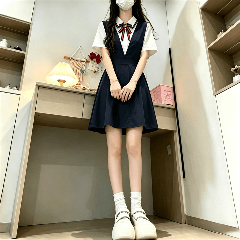 여름 새로운 학원 스타일 페이크 레이어드 반팔 드레스 보내기 나비 넥타이 상세 이미지 7