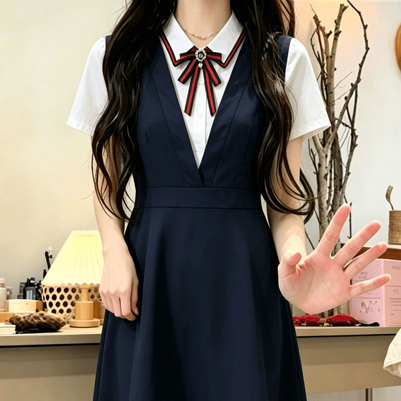 여름 새로운 학원 스타일 페이크 레이어드 반팔 드레스 보내기 나비 넥타이 이미지 4