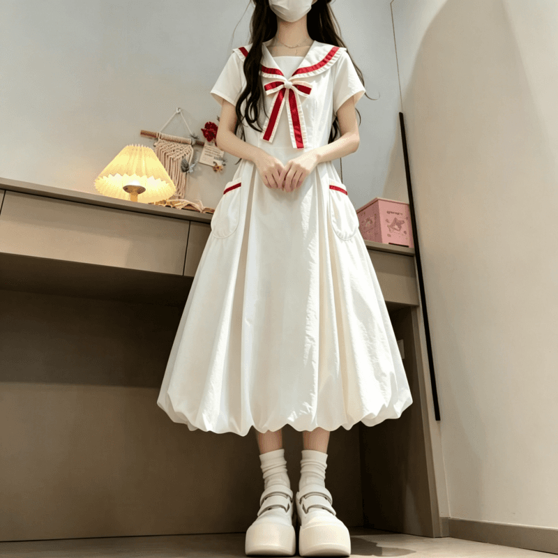 여름 새로운 학원 스타일 해군 칼라 배색 꽃밭 반팔 드레스 보내기 나비 매듭 이미지 4