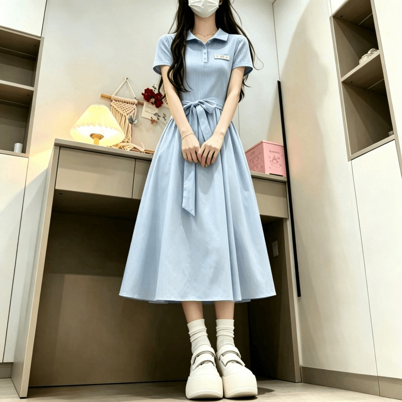 프랑스식 파란색 POLO 칼라 드레스 아이들 여름 2026 새로운 작은 키 자이언트 잘 생긴 품격 허리 수축 롱 스커트 상세 이미지 9