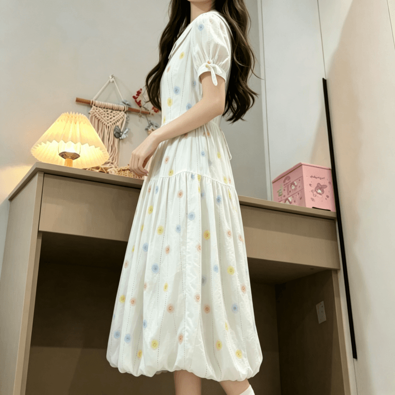 여름 새로운 도파민 색상 도트 베이비 칼라 거품 소매 레이스업 허리 수축 슬림해 보이는 반팔 꽃밭 드레스 상세 이미지 7