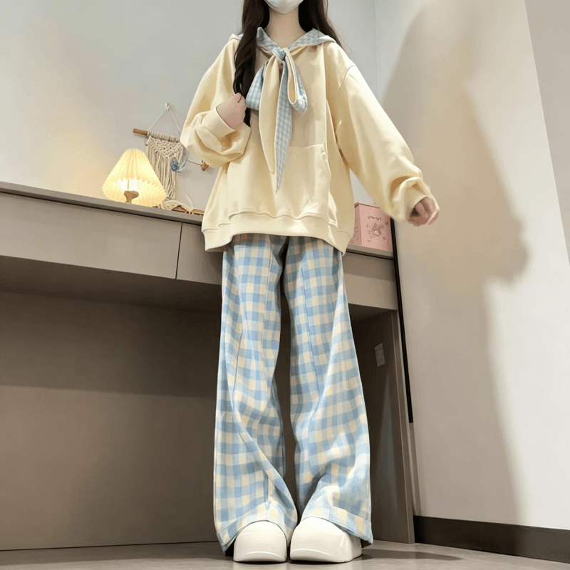 새로운 달콤함 체크무늬 나비 매듭 스트랩 디자인 센스 루즈핏 느긋한 후드 티 스웨터 이미지 2