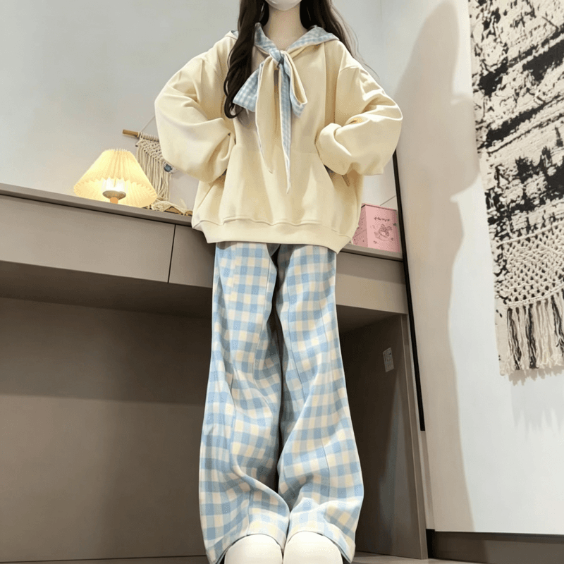 새로운 달콤함 체크무늬 나비 매듭 스트랩 디자인 센스 루즈핏 느긋한 후드 티 스웨터 이미지 3