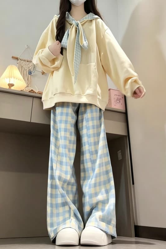 새로운 달콤함 체크무늬 나비 매듭 스트랩 디자인 센스 루즈핏 느긋한 후드 티 스웨터 이미지 6