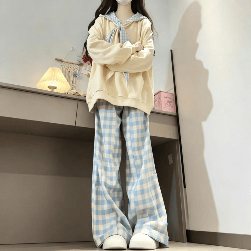새로운 달콤함 체크무늬 나비 매듭 스트랩 디자인 센스 루즈핏 느긋한 후드 티 스웨터 상세 이미지 4